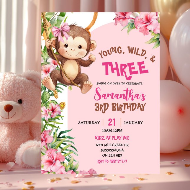 Pink Monkey Young Wild Three Third Birthday Invitation (Creator Uploaded)