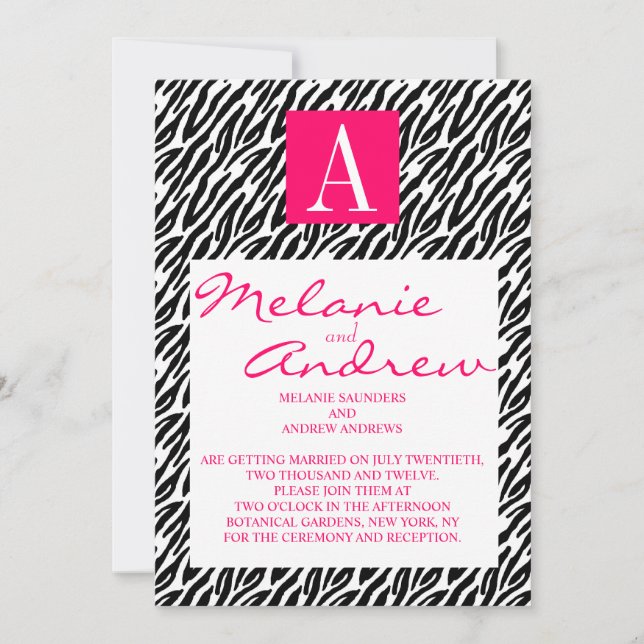 Pink Monogram A Zebra Stripes Wedding Invitations (Front)