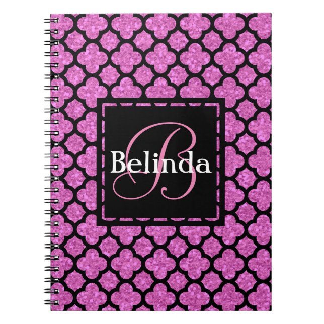 Pink Monogram and Glitter Quatrefoil Design Notebook (Front)