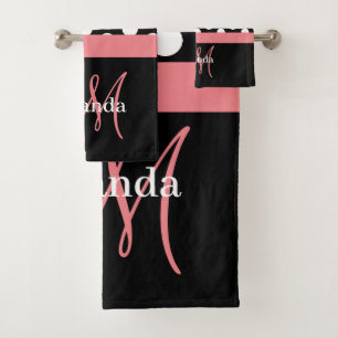 Pink Monogram Black White Polka Dot Bath Towel Set