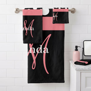 Pink Monogram Black White Polka Dot Bath Towel Set