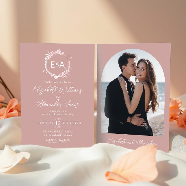 Pink Monogram Calligraphy Photo Wedding Invitation (Creator Uploaded)