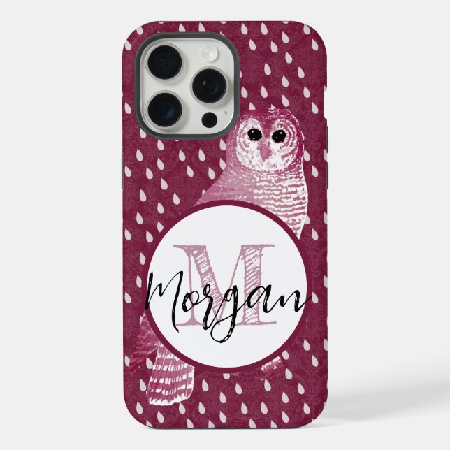 Pink Monogram Damask Owl Personalized  iPhone Case (Back)