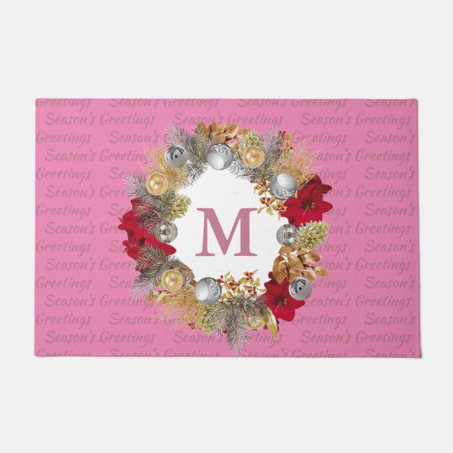 Pink MONOGRAM Decorative Christmas Wreath Doormat (Front)