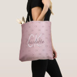 Pink monogram elegant modern script  tote bag<br><div class="desc">A pink faux metallic looking background.Personalize and add your  name,  monogram initials.  Your monogram as background pattern. The name is written with a hand lettered style script.</div>