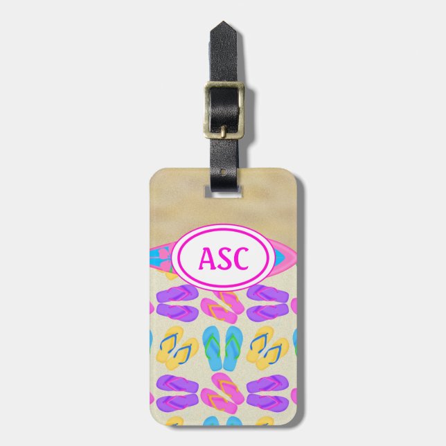 Pink Monogram Flip Flops Beach Luggage Tag (Front Vertical)