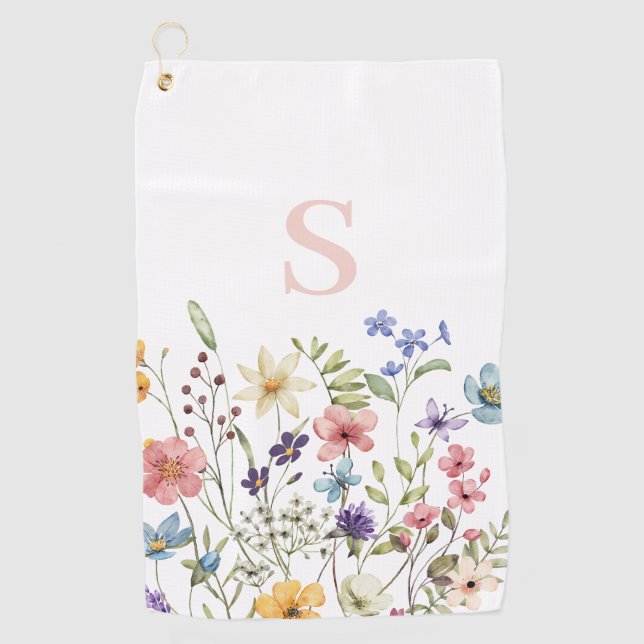 Pink Monogram Floral Botanical  Golf Towel (Front)