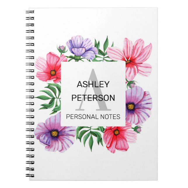 Pink Monogram floral girly cute personalized Notebook (Front)