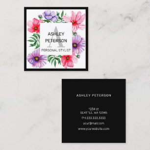 Pink Monogram Floral Girly Cute Personalized Square Business Card