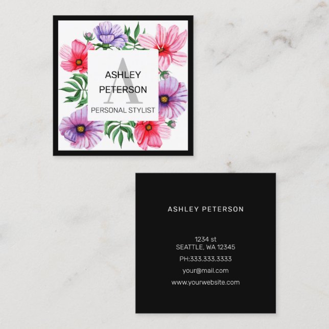 Pink Monogram Floral Girly Cute Personalized Square Business Card (Front/Back)