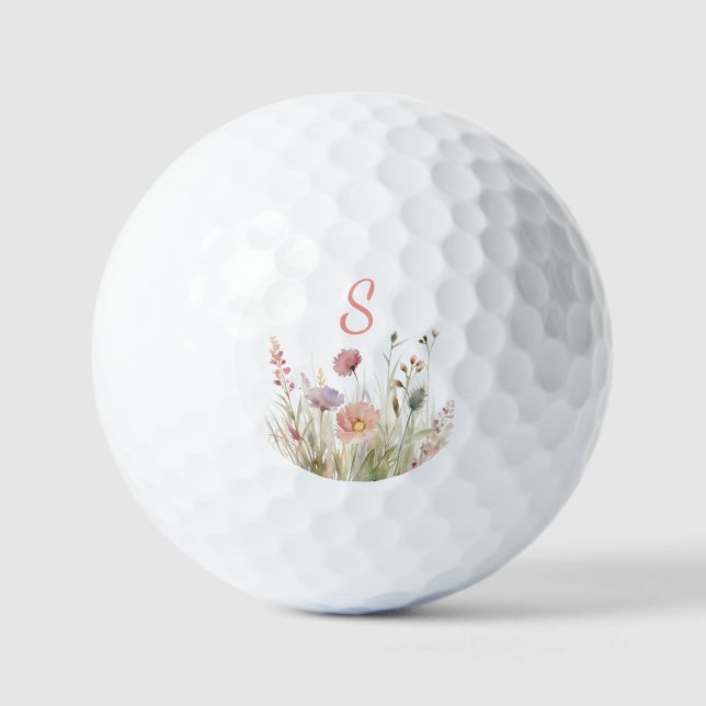 Pink Monogram Floral Wildflower Golf Balls (Front)