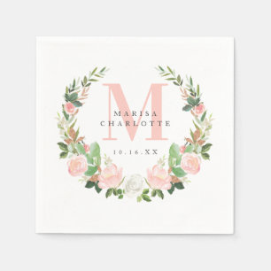 Pink Monogram Floral Wreath Baptism Dedication Napkin
