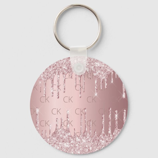 Pink monogram glitter drips dusty rose luxury  keychain (Front)