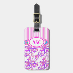 Pink Monogram Hawaiian Flower and Surfboard Beach Luggage Tag