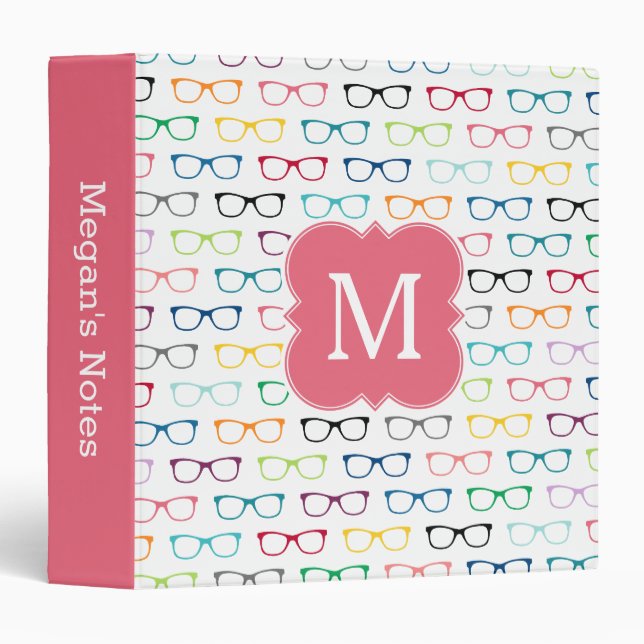 Pink Monogram Hipster Glasses Girly School Binder (Front/Spine)
