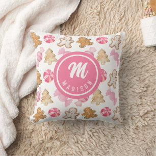 Pink Monogram Initial Gingerbread Candy Pattern Throw Pillow