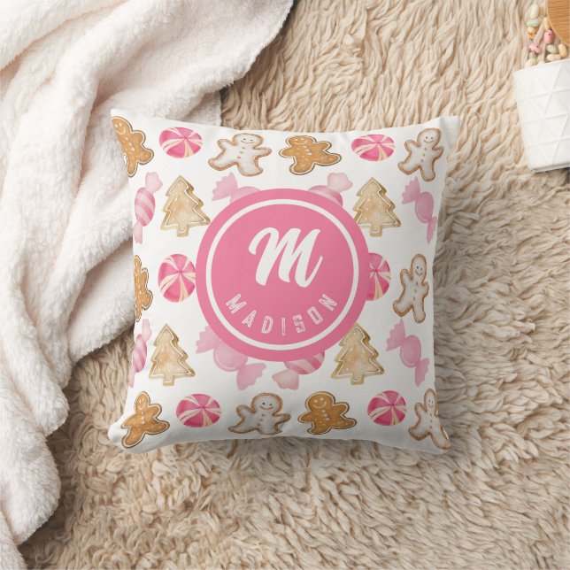Pink Monogram Initial Gingerbread Candy Pattern Throw Pillow (Blanket)