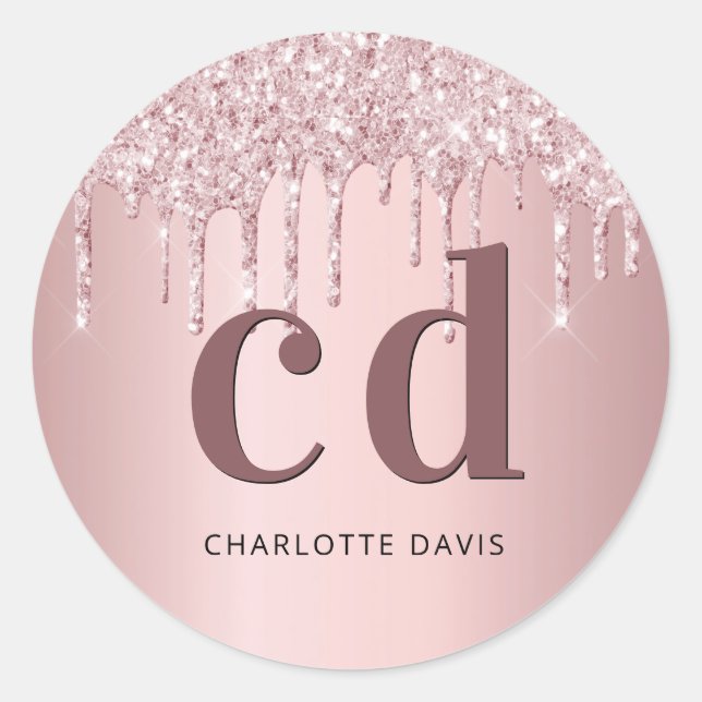 Pink monogram initials dusty rose glitter drips classic round sticker (Front)