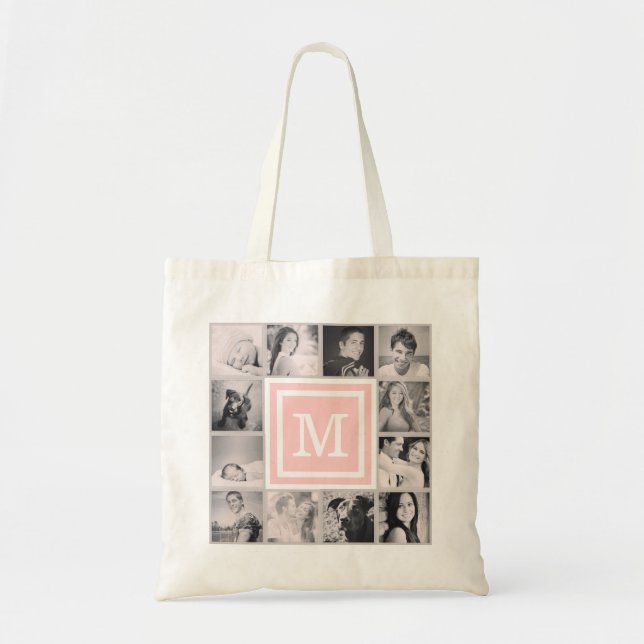 Pink Monogram Instagram Photo Collage Tote Bag (Front)