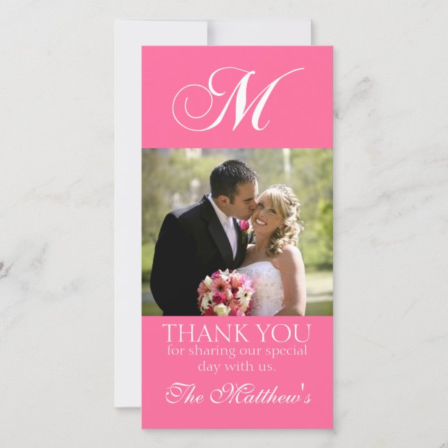 Pink Monogram M Wedding Thank You Photo Card (Front)