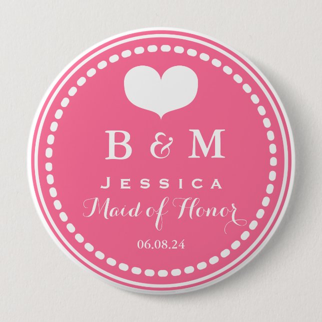 Pink Monogram - Maid of Honour - Wedding Button (Front)