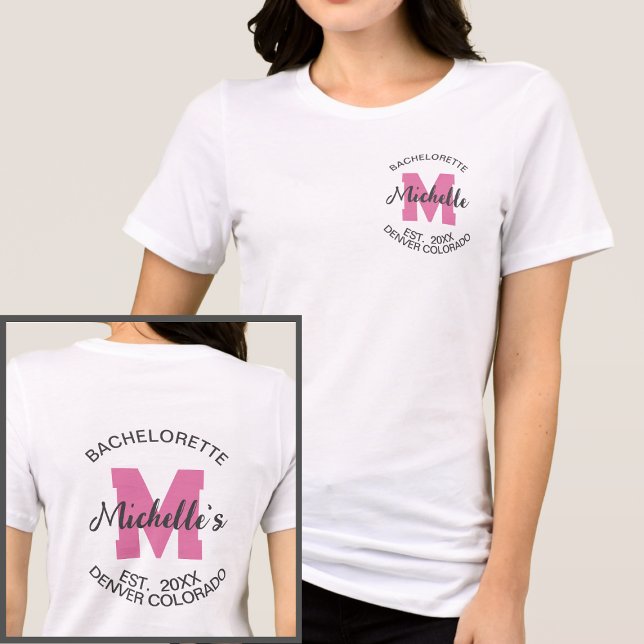 Pink Monogram Modern Bachelorette Bride Tri-Blend Shirt (Creator Uploaded)