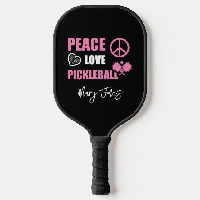 Pink Monogram Name Modern Peace Love Pickleball Paddle (Front)