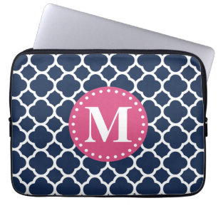 Pink Monogram Navy Quatrefoil Pattern Laptop Sleeve