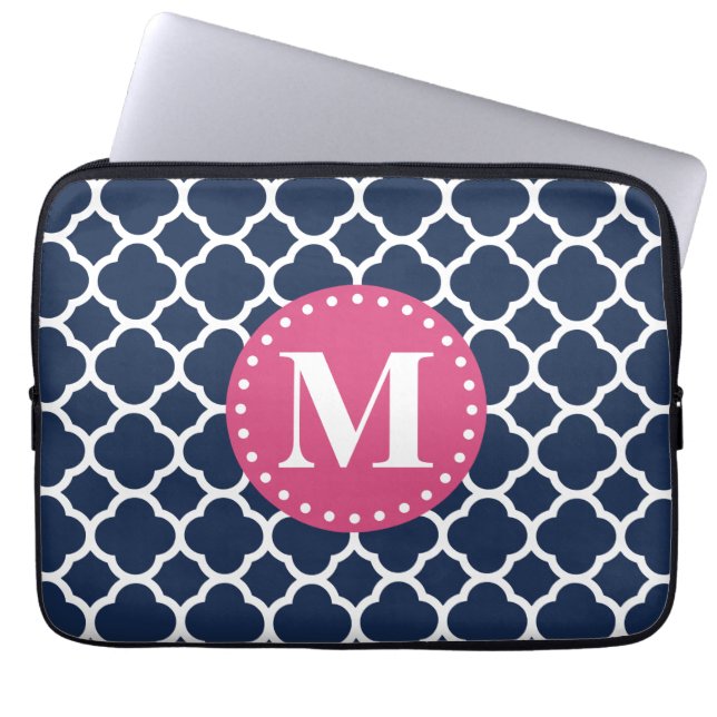 Pink Monogram Navy Quatrefoil Pattern Laptop Sleeve (Front)