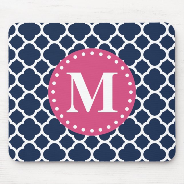 Pink Monogram Navy Quatrefoil Pattern Mouse Pad (Front)