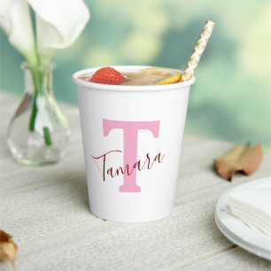 Pink Monogram Paper Cups Custom Name