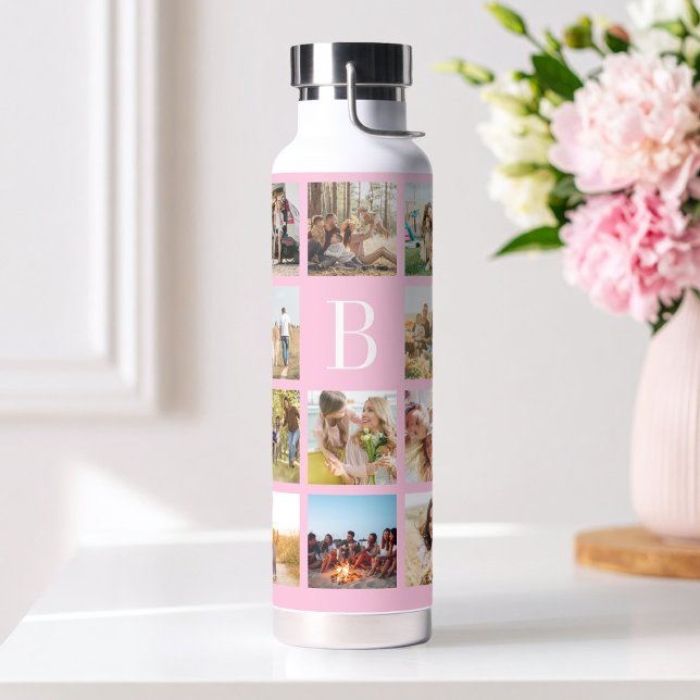 Pink Monogram Personalized 19 Photo Collage Water Bottle (Creator Uploaded)