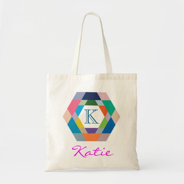 Pink Monogram Personalized Hexagon Geometry Tote Bag (Front)