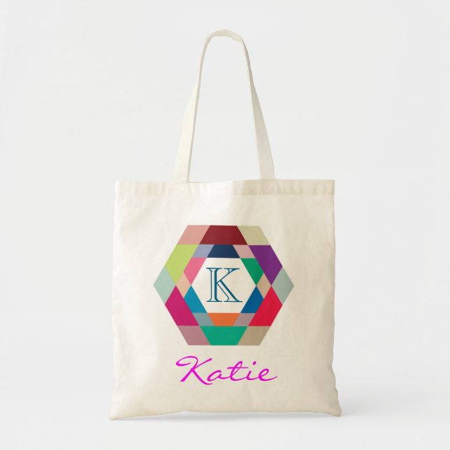 Pink Monogram Personalized Hexagon Geometry Tote Bag (Front)