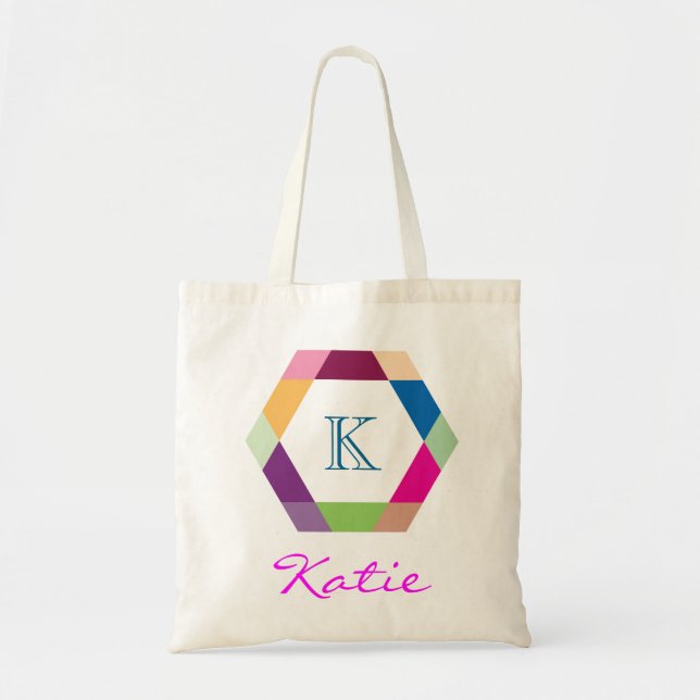 Pink Monogram Personalized Hexagon Geometry Tote Bag (Front)