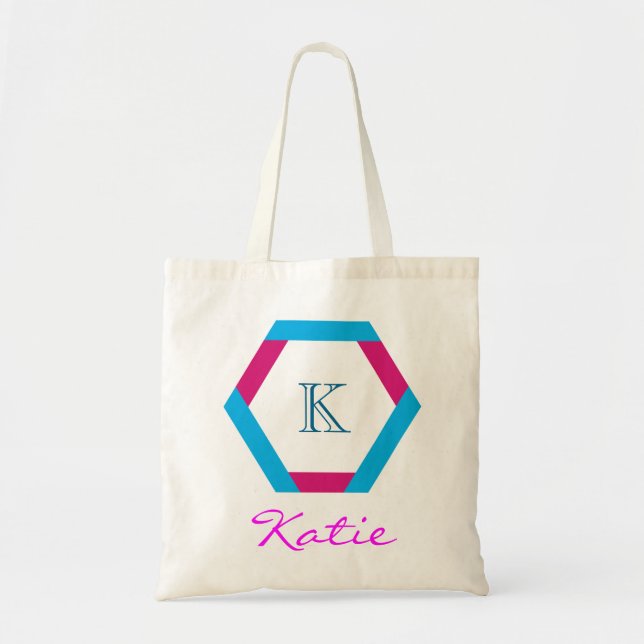 Pink Monogram Personalized Hexagon Geometry Tote Bag (Front)