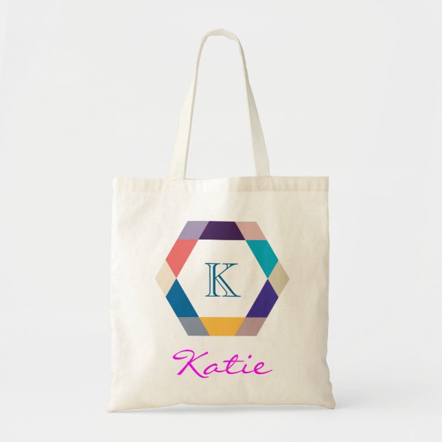 Pink Monogram Personalized Hexagon Geometry Tote Bag (Front)