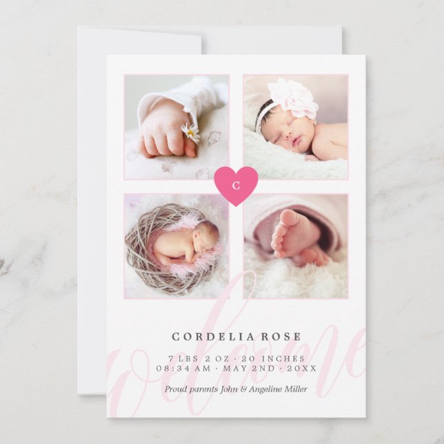 Pink Monogram Photo Collage Baby Announcement (Front)