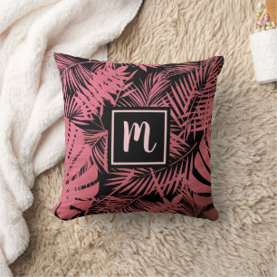 Pink monogram script palm leaf pattern modern throw pillow