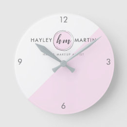 Pink Monogram Style Custom Logo Business Round Clock