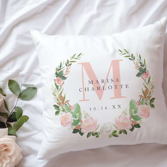 Pink Monogram Watercolor Floral Wreath Nursery Throw Pillow (Creator Uploaded)