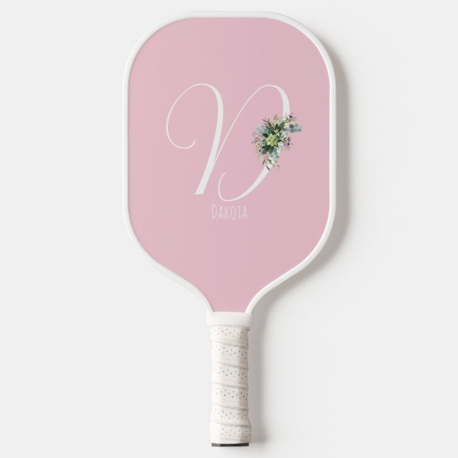 Pink monogram watercolor flower pickleball paddle (Front)
