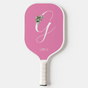Pink monogram watercolor flower pickleball paddle