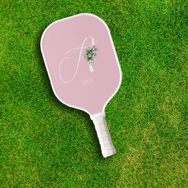 Pink monogram watercolor flower pickleball paddle (Creator Uploaded)