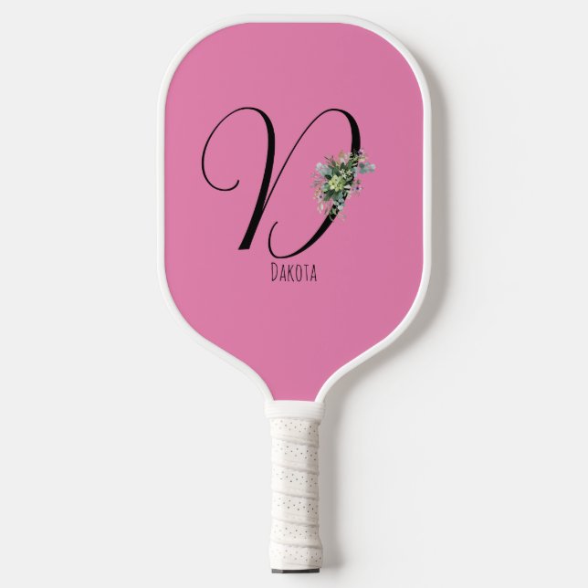 Pink monogram watercolor flower pickleball paddle (Front)