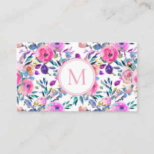 Pink Monogram Watercolor Flowers Square Business C Card
