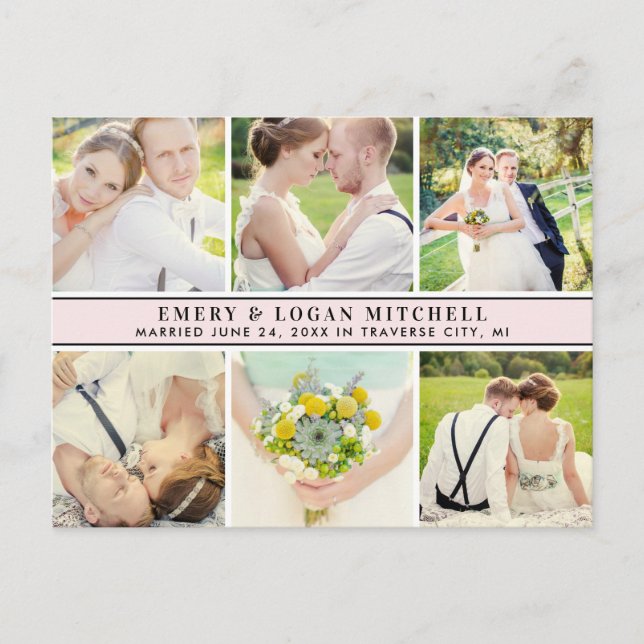 Pink Monogram Wedding Photo Collage Thank You Postcard (Front)