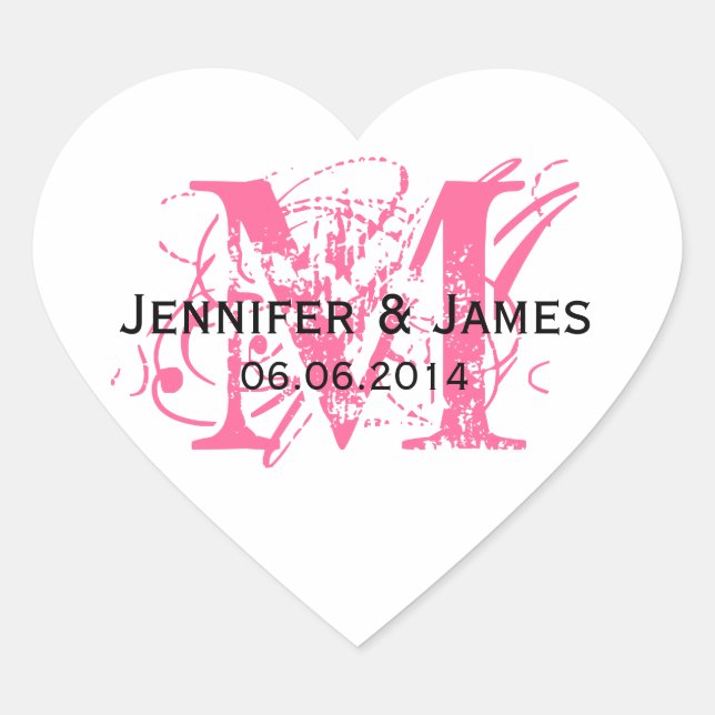 Pink Monogram Wedding Stickers Heart Shape (Front)