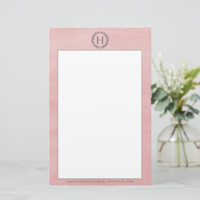 Pink Monogram Wreath Stationery (Standing Front)