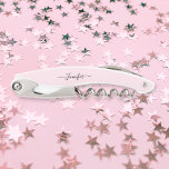 Pink Monogrammed Beer Wine Corkscrew Bottle Opener<br><div class="desc">Create your own custom, personalized, classy modern elegant black calligraphy typography script font monogrammed on light pink background, chic stylish cool contoured ergonomic handle bottle opener featuring a stainless steel foil cutter blade, a beer bottle cap opener, and a steel spiral corkscrew wine bottle opener. Simply type in your name...</div>